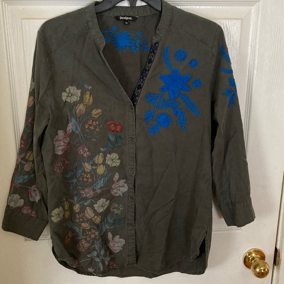 Desigual Tops - Desigual Dark Green Floral Embroidered Shirt